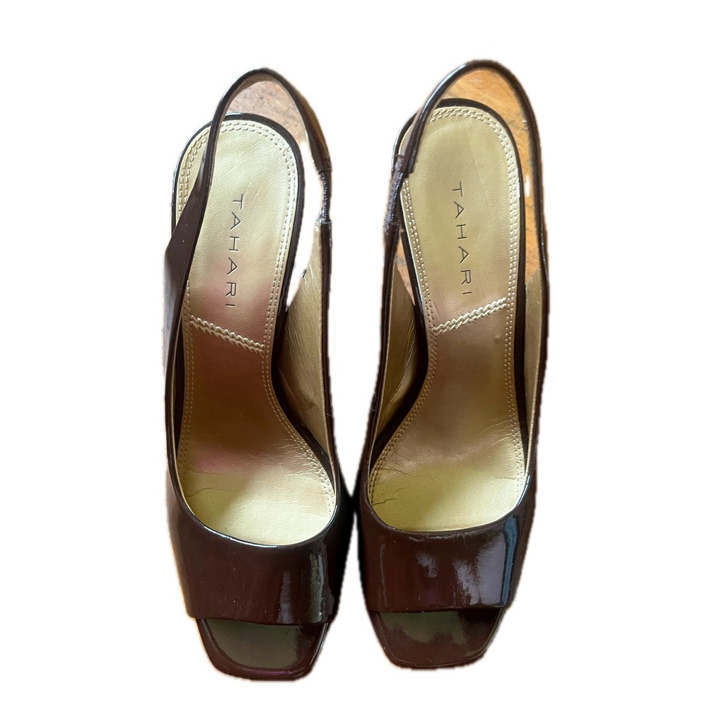 Tahari Brown Patent Peep Toe Slingback Stiletto Pumps Womens 7M 3 Inch Heels